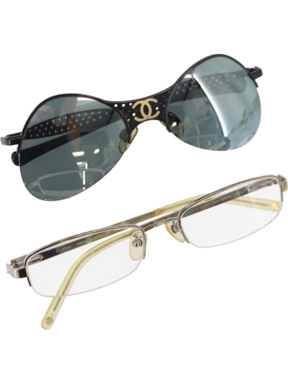 CHANEL Sunglasses plastic 2 Set Black Beige CC